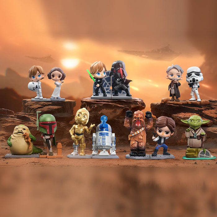 Star Wars Series Figures - Preorder: Chibi-style figures posed on rocky terrain, featuring iconic characters like Luke, Leia, and Yoda. Collectible display figures, preordering for Strangecat Toys.