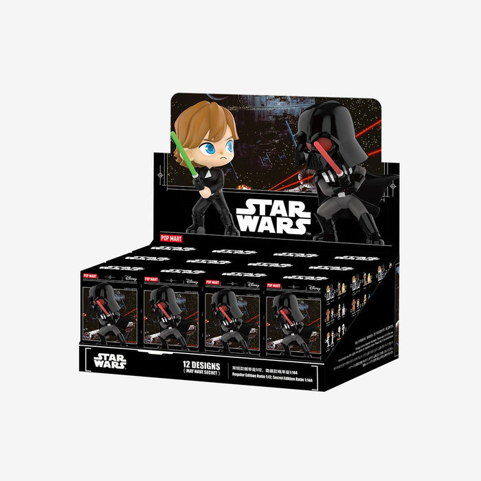 Star Wars Series Figures - Preorder display with chibi Luke Skywalker and Darth Vader. Features 12 mini-figures, including a rare secret edition from Pop Mart.
