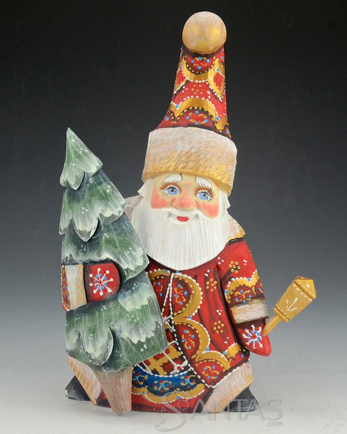 Tall Hat Traditional Santa Carving Holding a Tree and lantern 8 inch