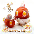 Ushimaru Saeki x Folk Toy Monster® Kibunadon & Yellow Carp Uo-chan Coffey Pop ver. figures with chibi-style, coffee-tea colors, giant eyes, and whimsical Japanese lettering.
