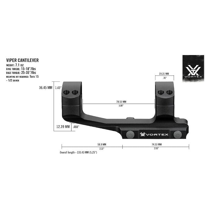 Vortex Optics Viper Extended 1-Piece Cantilever Mount  Picatinny Style with Integral Rings Matte Black AR-High