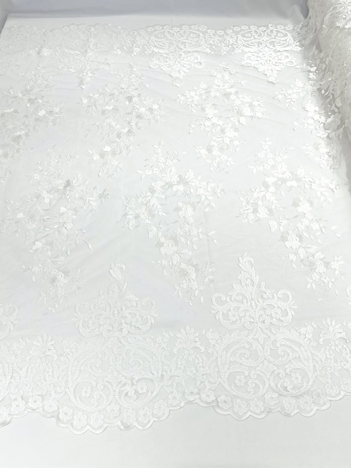 White Bridal Lace - By The Yard - Floral Damask Design Embroidered on Mesh Lace Fabric