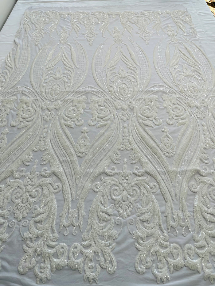 White Sequins Fabric on Mesh, Damask Design 4 Way Stretch Sequin Fabric Sold By The Yard