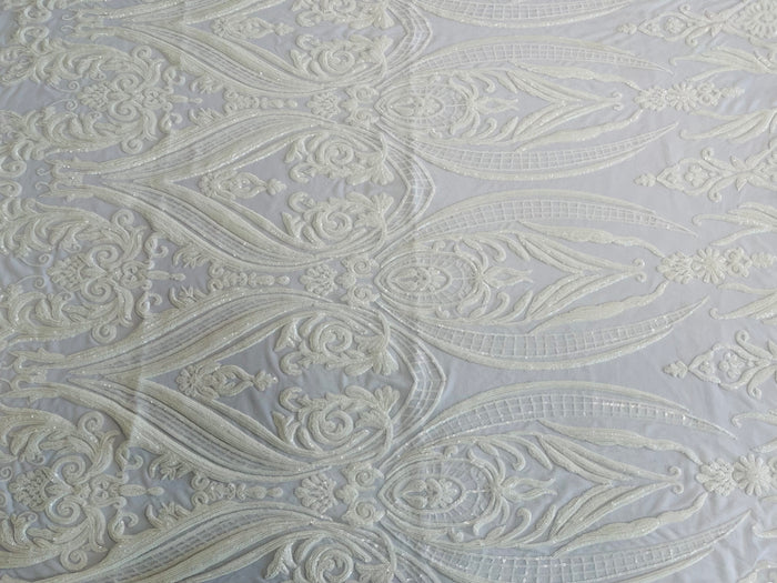 White Sequins Fabric on Mesh, Damask Design 4 Way Stretch Sequin Fabric Sold By The Yard