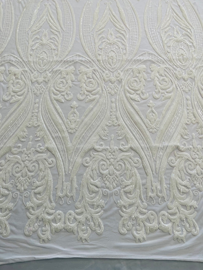 White Sequins Fabric on Mesh, Damask Design 4 Way Stretch Sequin Fabric Sold By The Yard