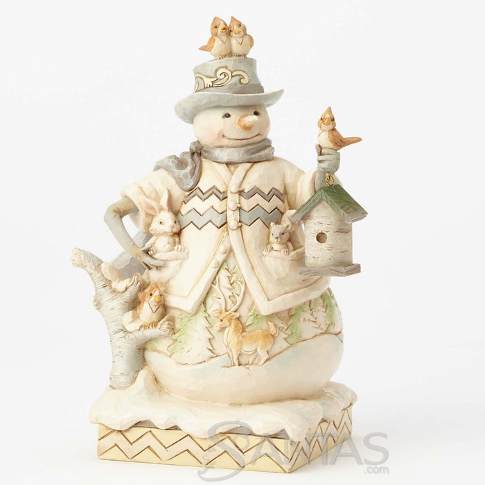 White Woodland Snowman with Birdhouse - Sing For Winter