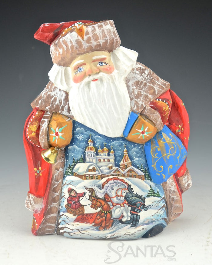 Wide 7 inch Scenic Troika Scene Russian Santa Claus Carving