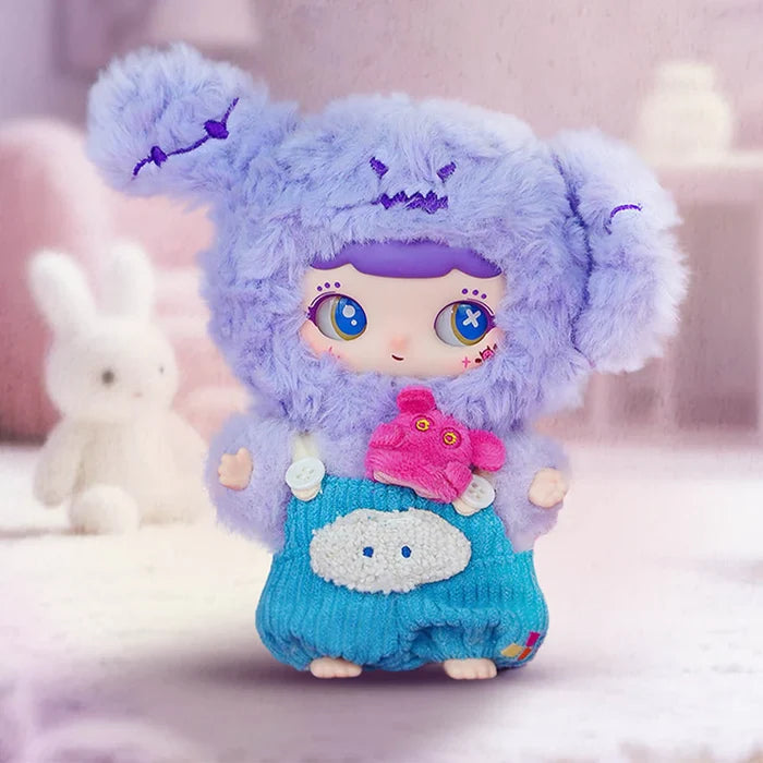 WIWI Inner World Series Plush Pendant Blind Box doll in lavender hooded outfit and blue overalls, featuring a pink plush creature accessory.