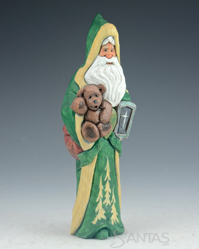 Woodsy Green Santa with Bear and Lantern