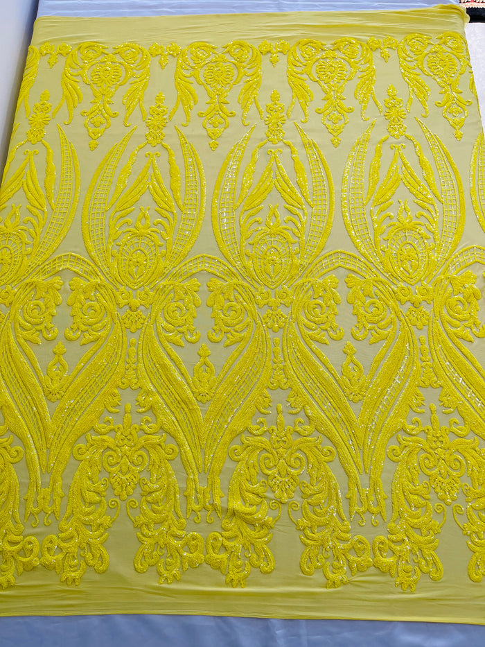 Yellow Sequins Fabric on Mesh, Damask Design 4 Way Stretch Sequin Fabric Sold By The Yard
