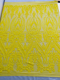 Yellow Sequins Fabric on Mesh, Damask Design 4 Way Stretch Sequin Fabric Sold By The Yard